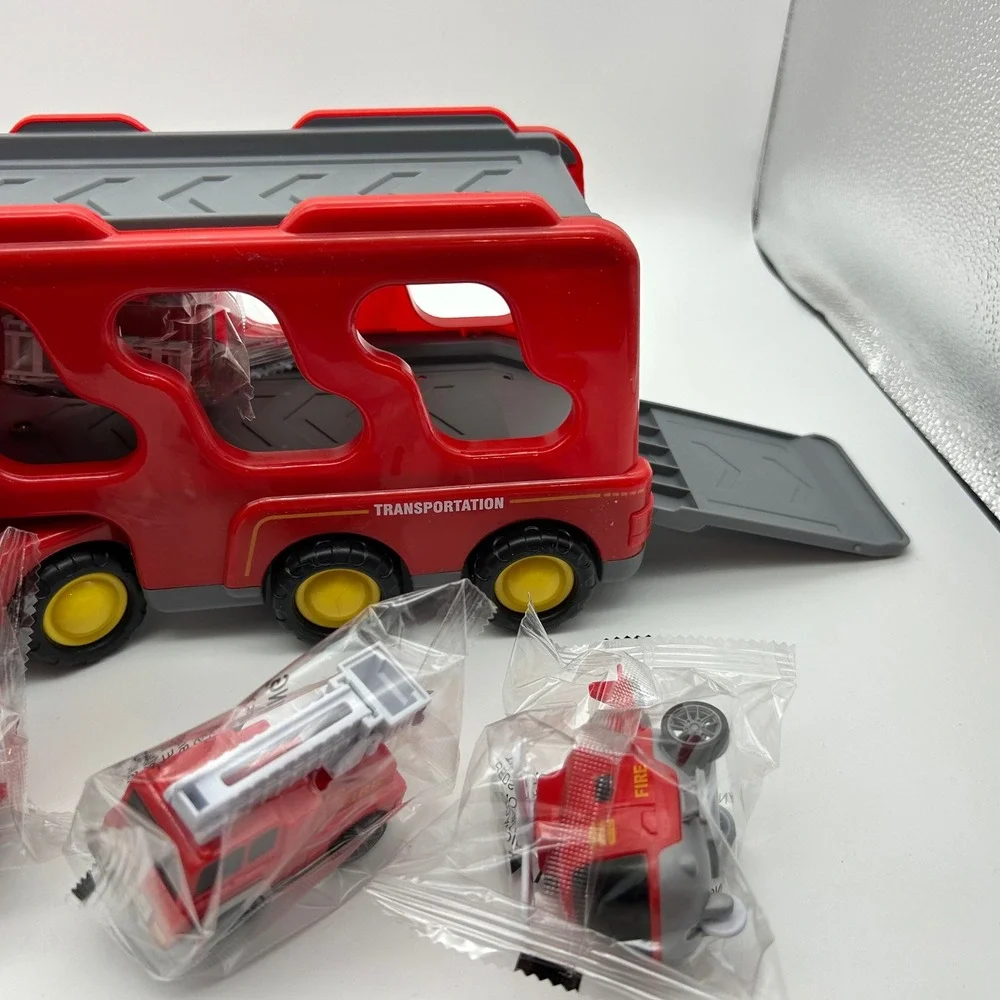 iHaHa Fire Truck Pull Back Car Series Toy Transporter Truck with 4 Mini Fire Veh